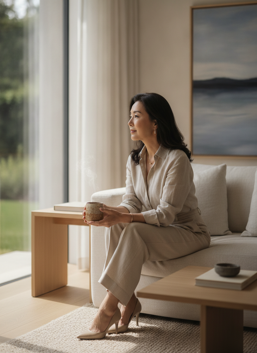 An elegant woman in her 50s sitting in a serene, sunlit living room